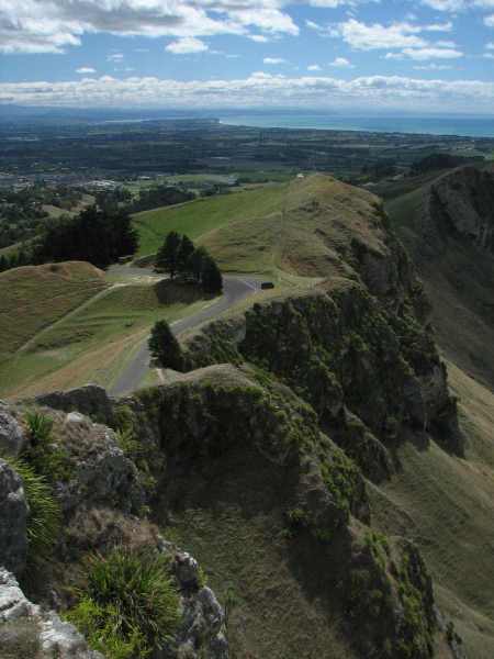 Looking down at the parking spot for the walk up Te Mata's erection