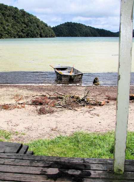 One of the hire rowboats after a row over to the Sandy Bay hut on the far side of Lake Waikareiti.