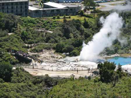 Pohutu Geyser doing its thing for a gaggle of tourists.  Wouldn't you rather be up here with a view for free