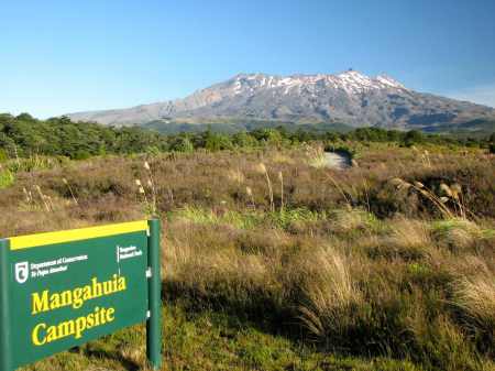 The epic view of Mt Ruapehu from the low-priced DoC Mangahuia campgrond on SH47.