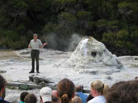 The Waiotapu guide explains how the Lady Knox Geyser formed with the help of convicts building-up bricks around a vent pipe.